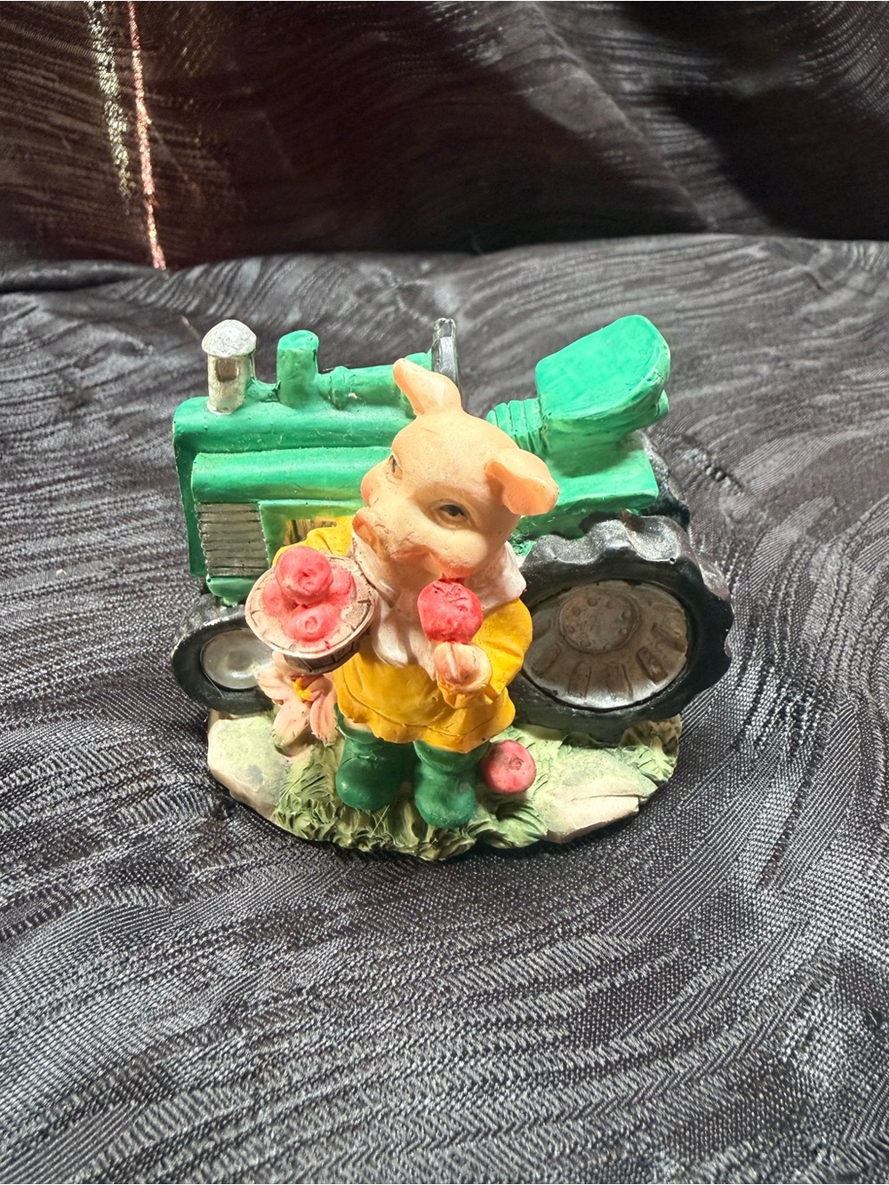 Mayrich Hand Painted Resin Pig Figurine w/ Green Tractor Farm Animal Sculpture